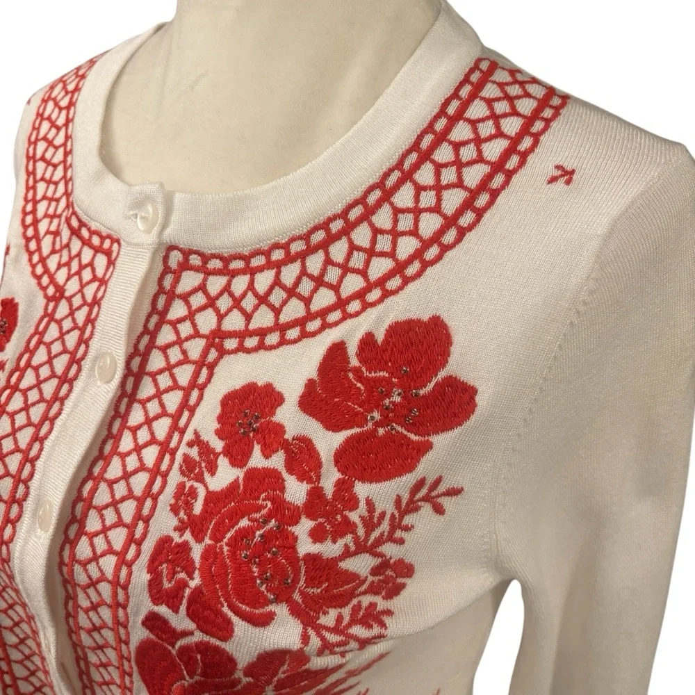 Charter Club White with Red Floral Embroidery Button up Sweater Small